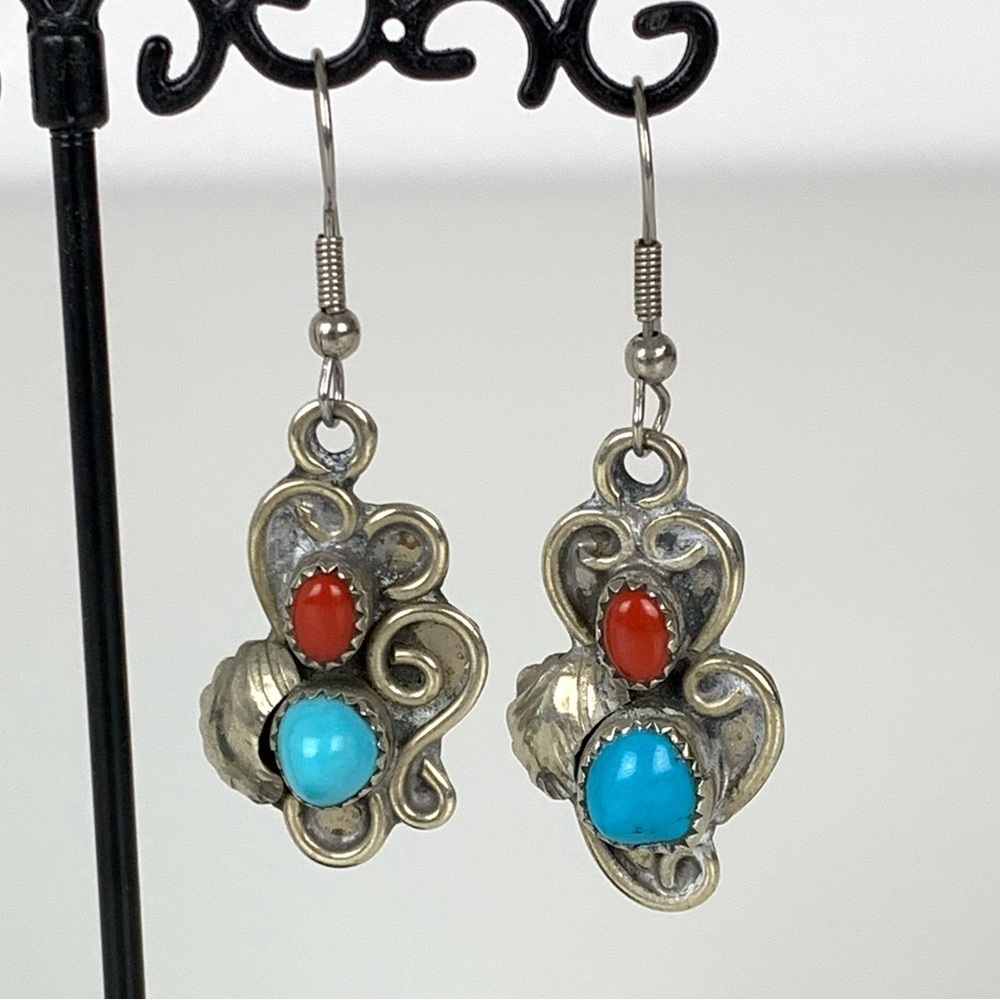 Sterling Silver Earrings Coral Turquoise Stones Vtg Stamped LT Mexico Botanical